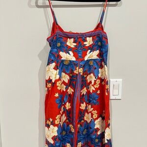 FARM Rio Vibrant Red Midi Dress with Blue and White Floral Design